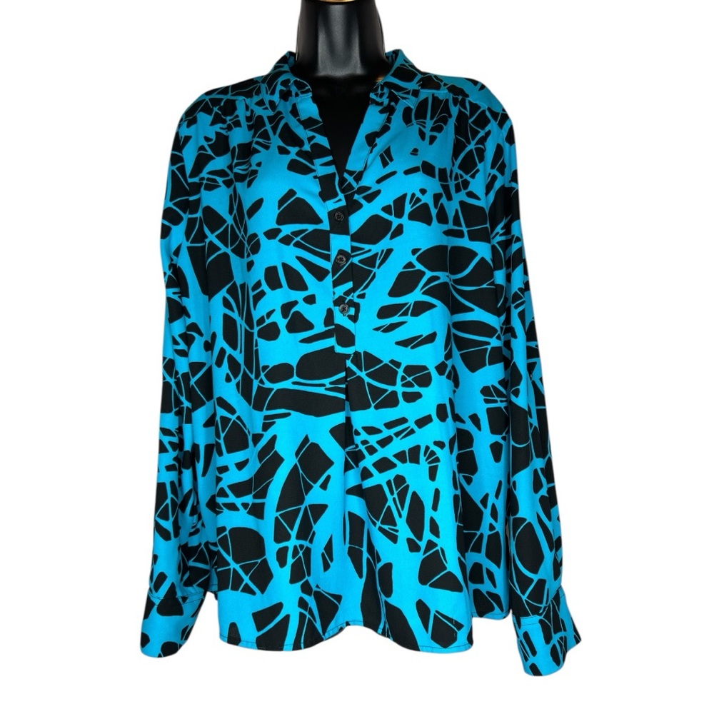 Dana Buchman XL Lightweight Black & Turquoise 3/4 Button Down Blouse